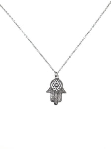 Hamsa Hand David Star Silver-Tone Stainless Steel Necklace