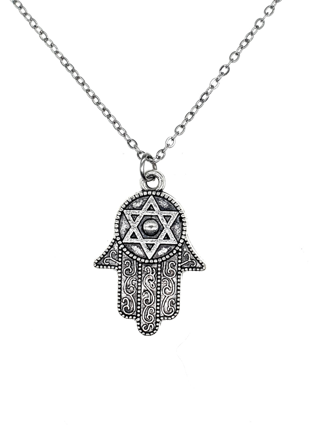 Hamsa Hand David Star Silver-Tone Stainless Steel Necklace