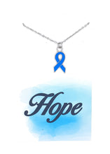 Load image into Gallery viewer, Blue Awareness Ribbon Necklace on Hope Wish Card
