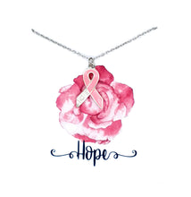 Load image into Gallery viewer, Pink Hope Ribbon Necklace on Rose Hope Card
