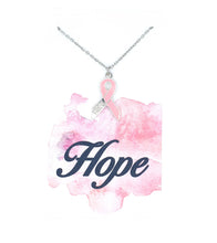 Load image into Gallery viewer, Pink Hope Awareness Ribbon Necklace on Hope Card
