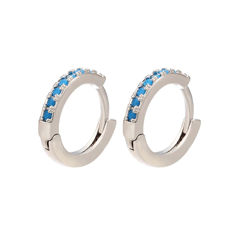 Blue Zirconia Micro Pave Hoop Earrings Silver Plated