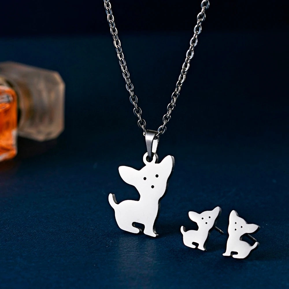 Chihuahua Dog Silver Necklace and Earrings Set